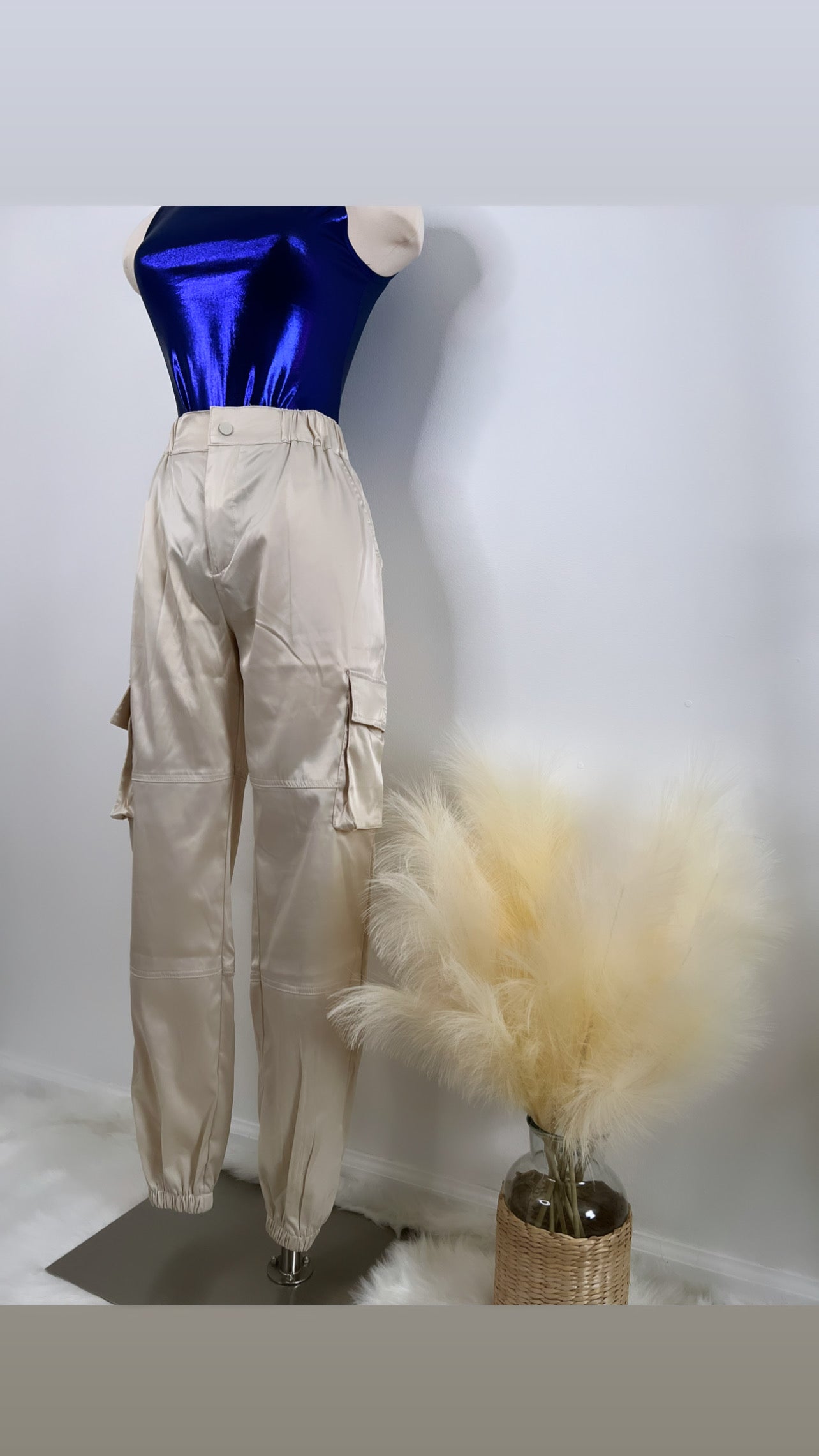 Cream Satin Cargo Pants